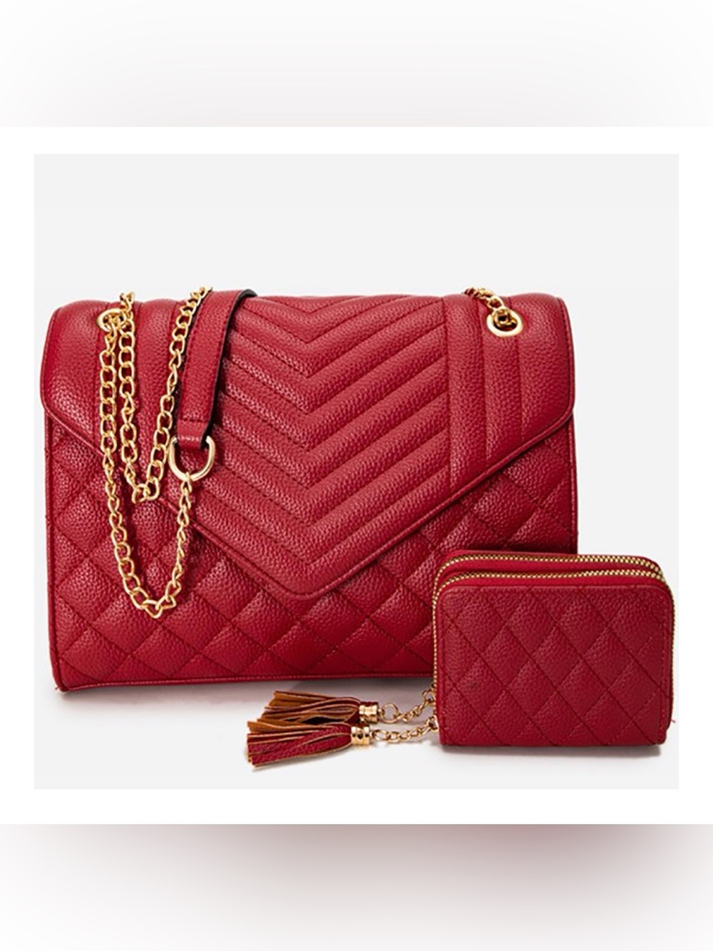 Quilted Red Chain Shoulder Bag with Tassel Wallet